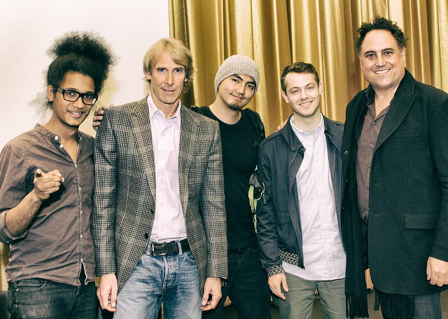 Michael Bay & Chad Oppenheim pose with students at Harvard Graduate School Of Design